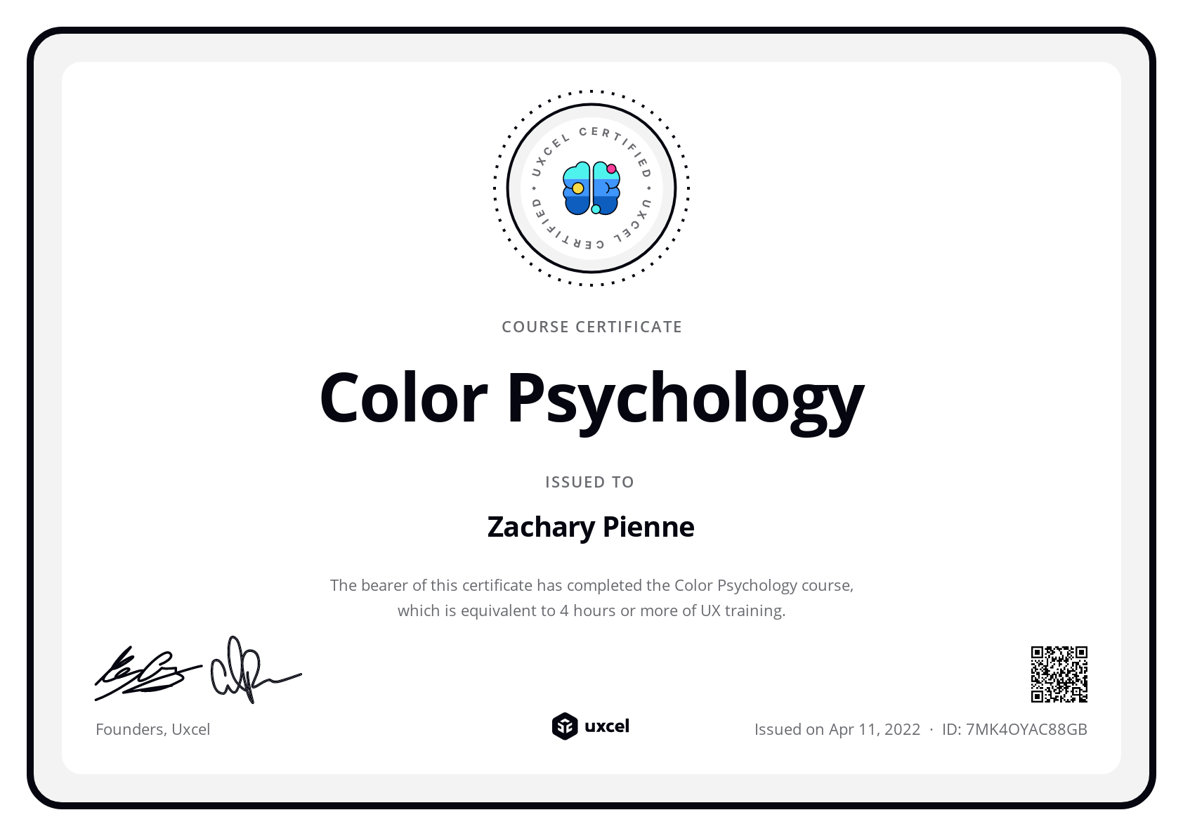 Zachary Pienne's certificate